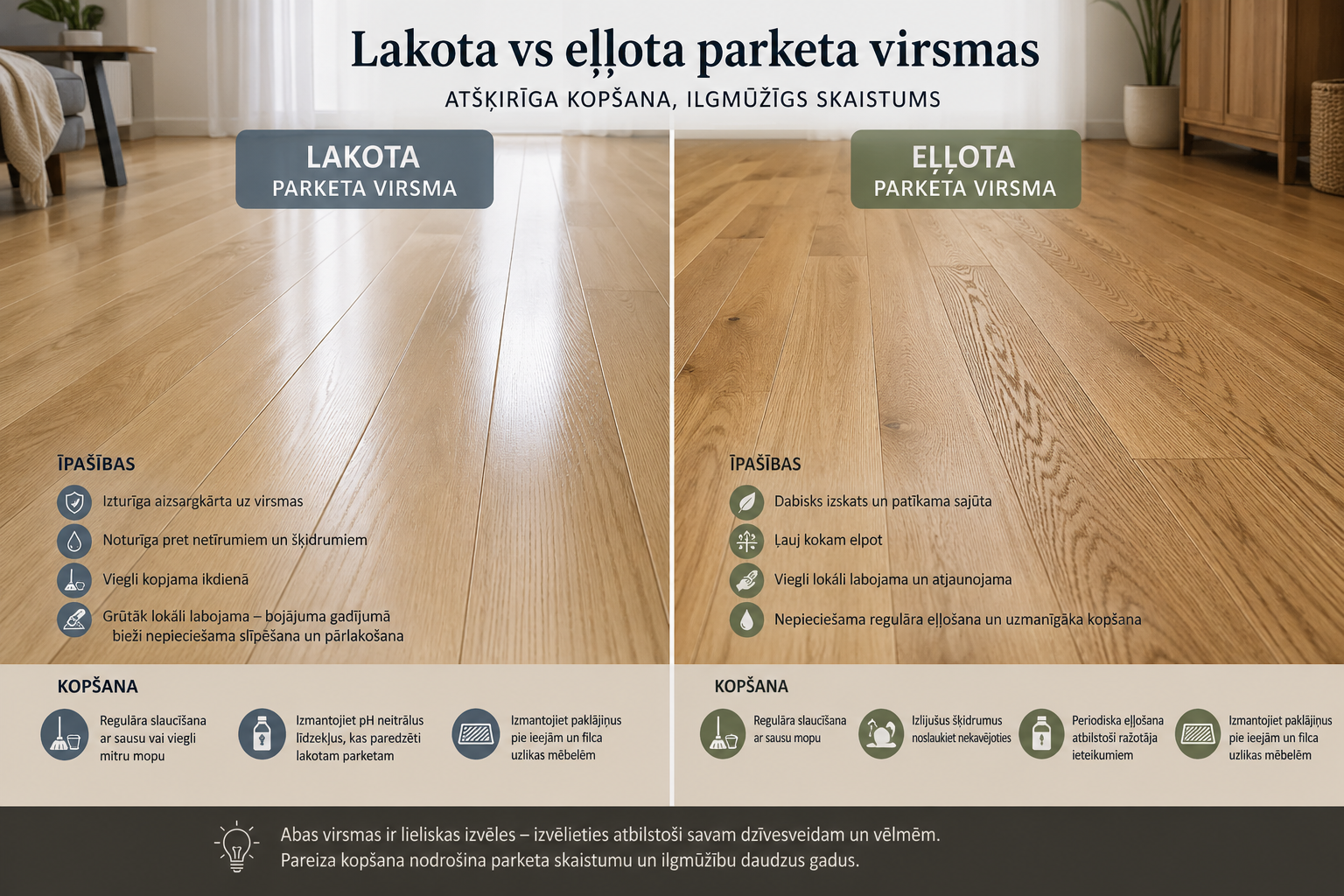 Lakota un eļļota parketa virsmu salīdzinājums – atšķirīga kopšana