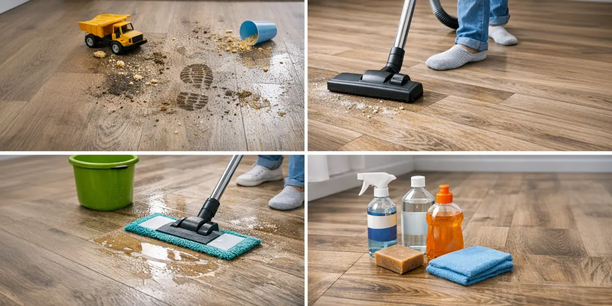 Sausā lamināta uzkopšana ar putekļsūcēju, traipu tīrīšana no lamināta virsmas